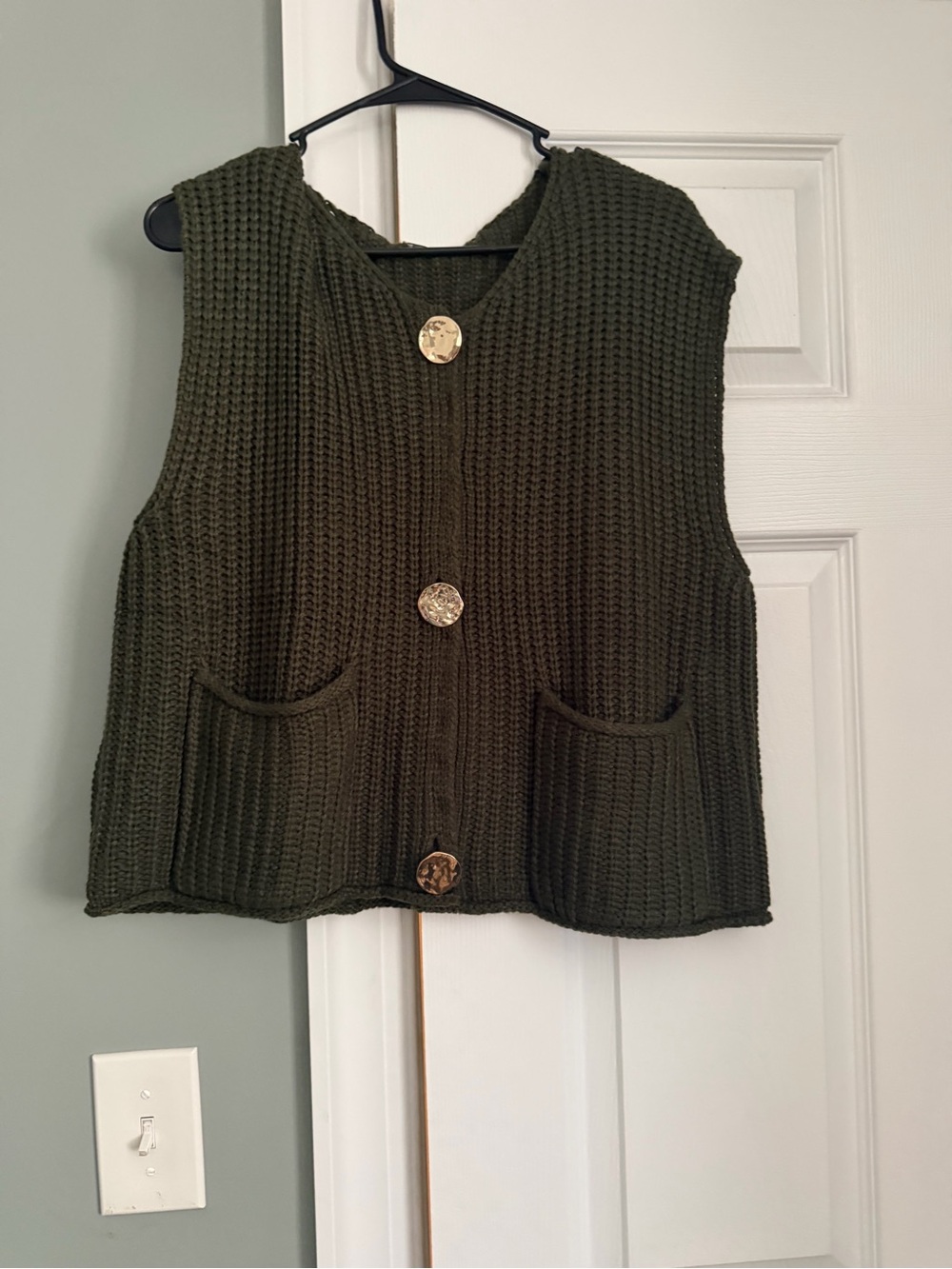 Olive Green Chunky Knit Button Vest